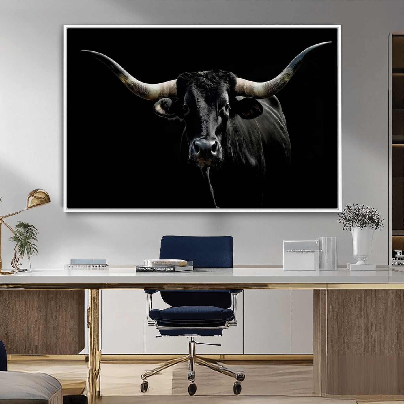 MGV-FC-36X24 - Texas Black Longhorn Bull Wall Art Canvas Print - Western Texas Cattle Rustic Decor Print - Longhorn