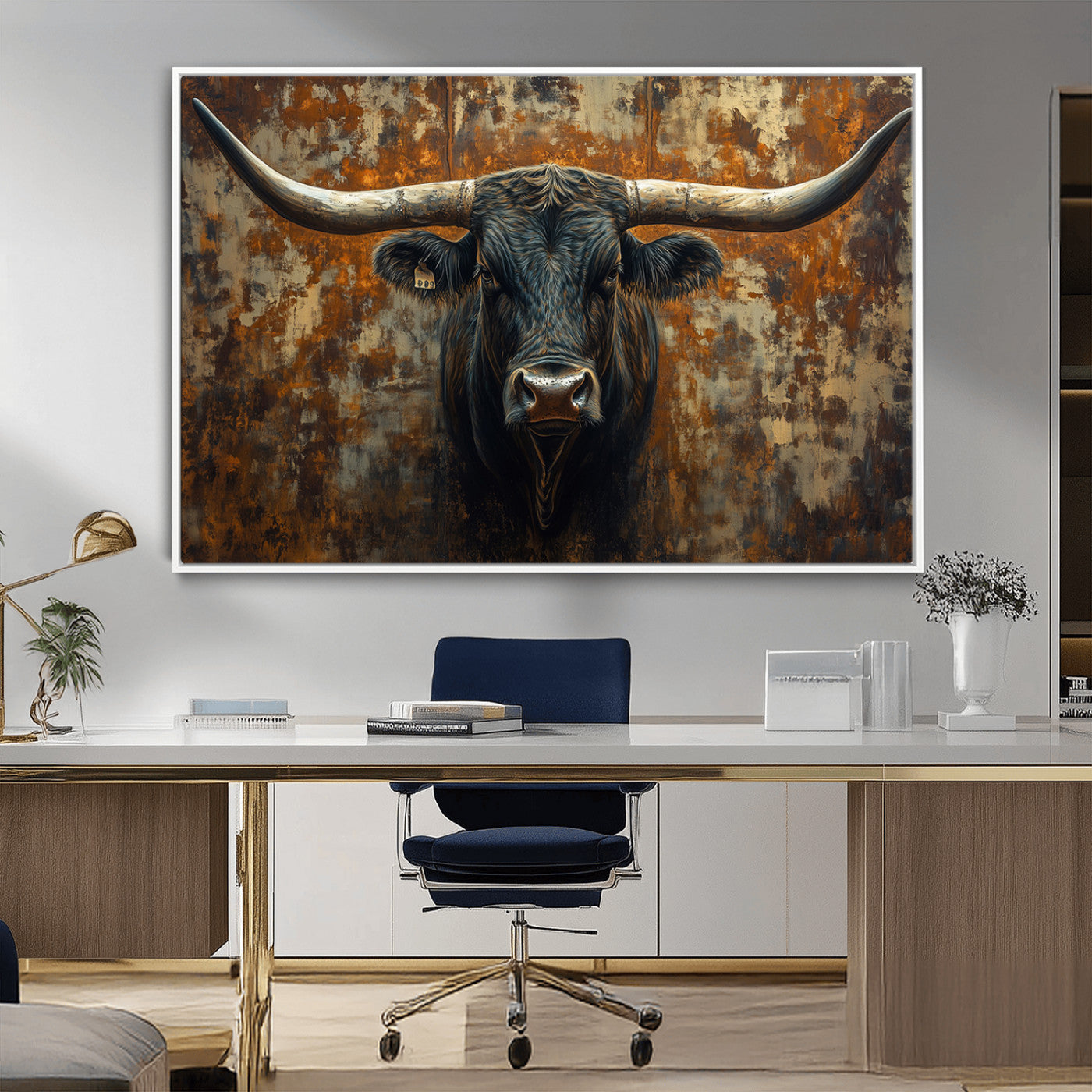 MGV-FC-36X24 - Longhorn Texas Cow Bull Wall Art | Rustic Farmhouse Canvas Print | Ready to Hang Barn Decor for