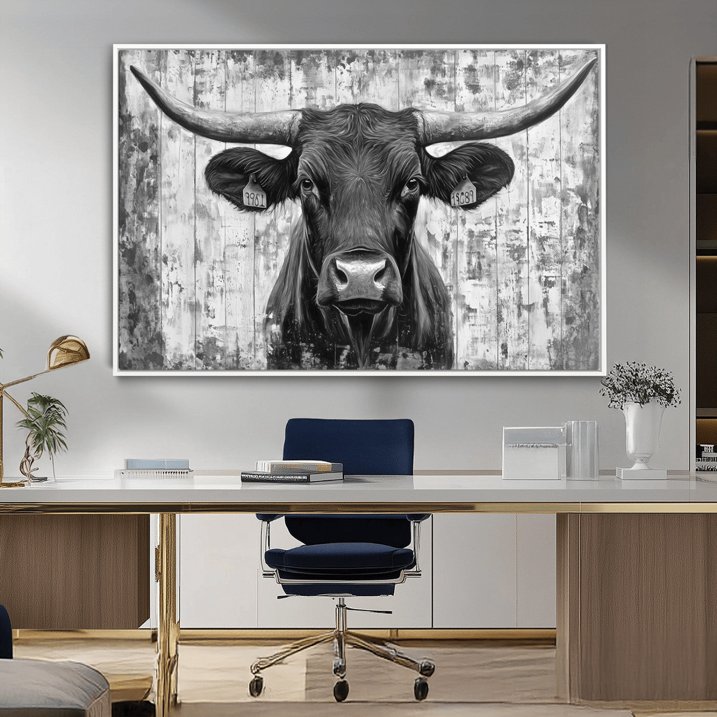 MGV-FC-36X24 - Abstract Longhorn Bull Wall Art Canvas Print - Rustic Texas Western Cow Artwork