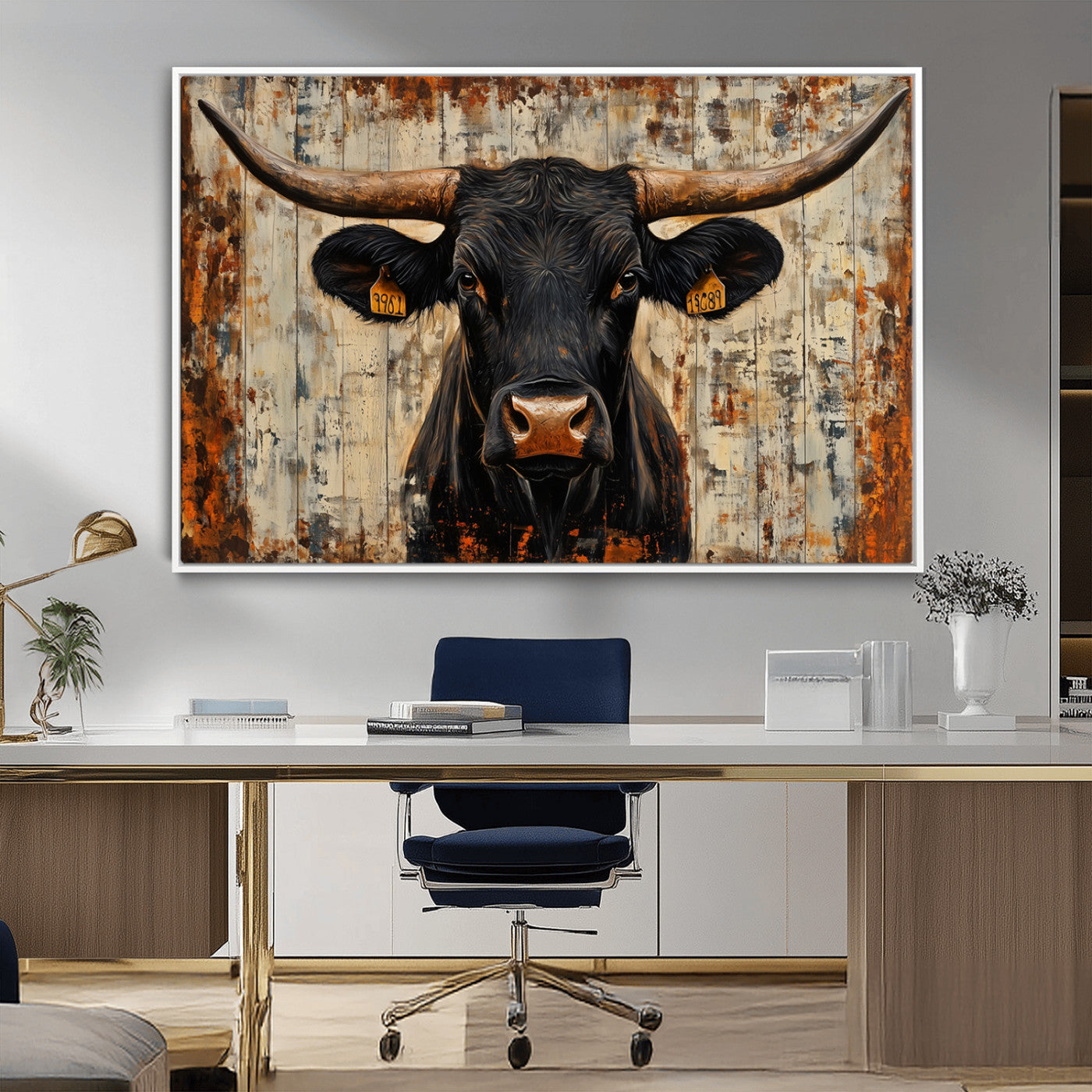 MGV-FC-36X24 - Rustic Texas Artwork Wall Art Canvas Print - Abstract Cow Longhorn Bull Wall Art Canvas Print