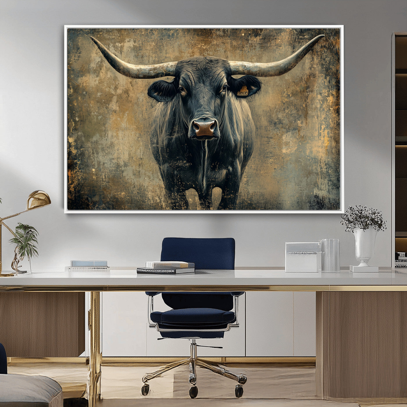 MGV-FC-36X24 - Longhorn Bull Wall Art Canvas Print, Framed Rustic Cow Art Picture Print, Texas Longhorn Perfect Western Decor Artwork