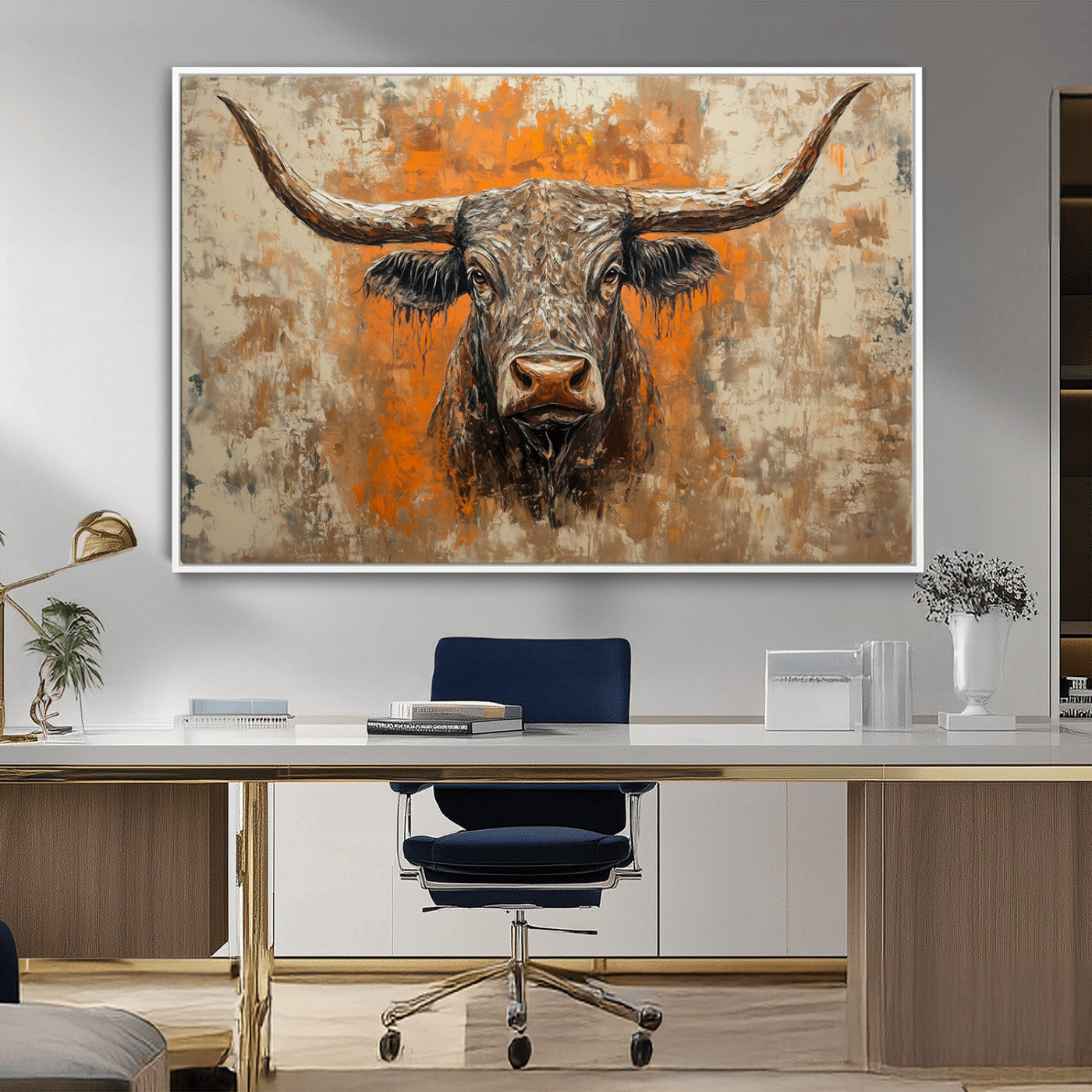 MGV-FC-36X24 - Abstract Cow Longhorn Bull Wall Art Canvas Print - Rustic Texas Western Cattle Artwork