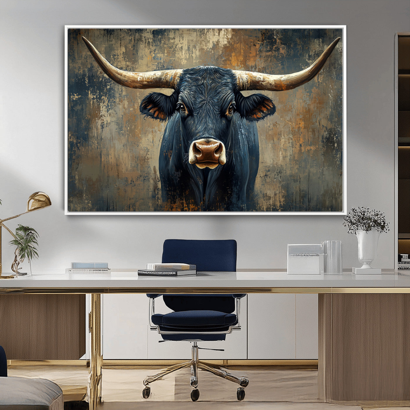 MGV-FC-36X24 - Texas Western Wall Art Canvas Print - Abstract Cow Longhorn Bull Wall Art Canvas Print - Rustic Cow