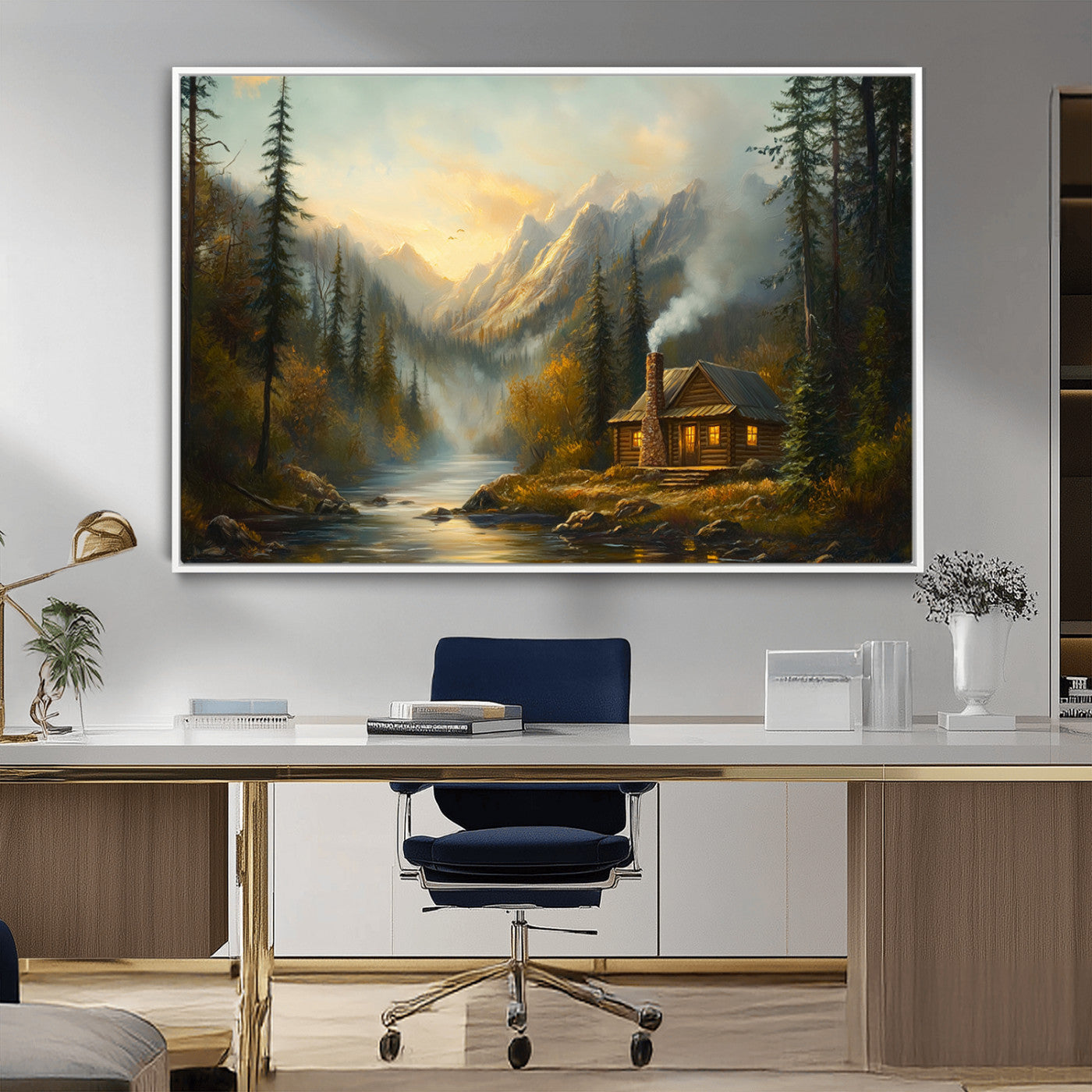 MGV-FC-36X24 - Wood Cabin Retreat Mountain at Sunset Wall Art Print - Serene Forest and River Landscape Wall Art