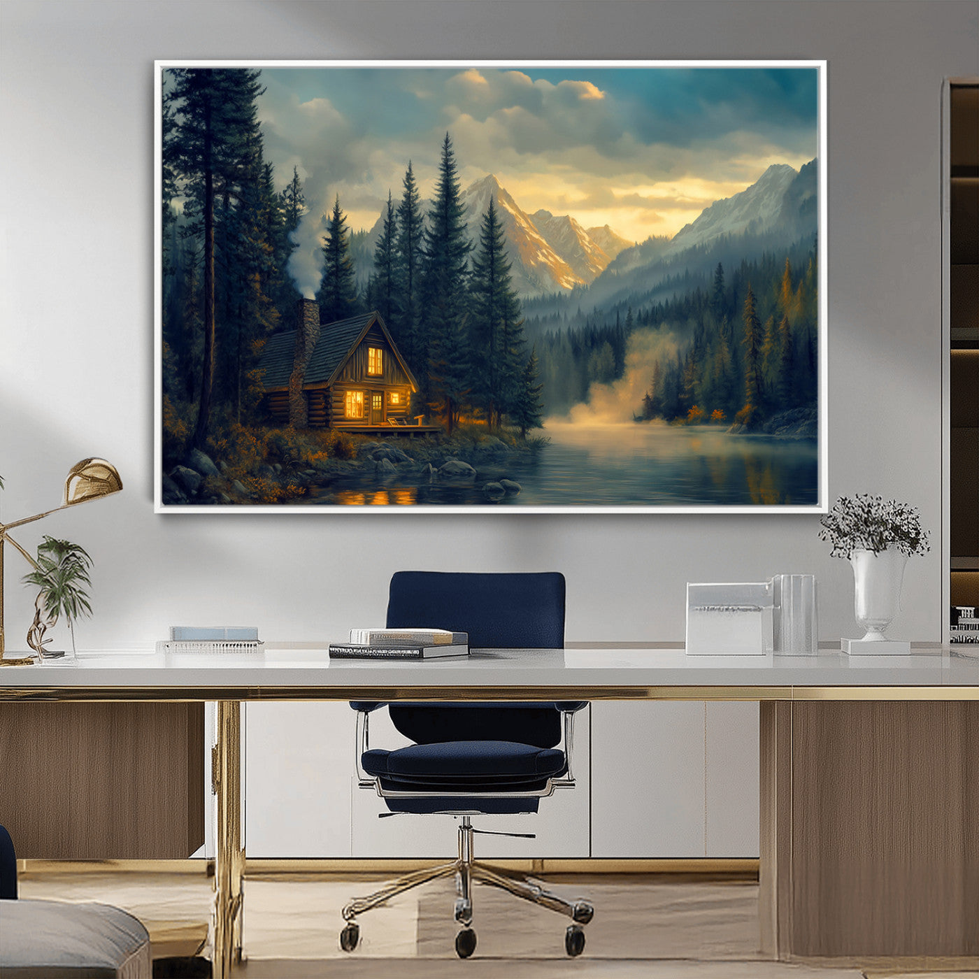 MGV-FC-36X24 - Mountain Cabin by the Lake at Sunset Wall Art - Serene Nature Canvas Print for Living Room Decor,