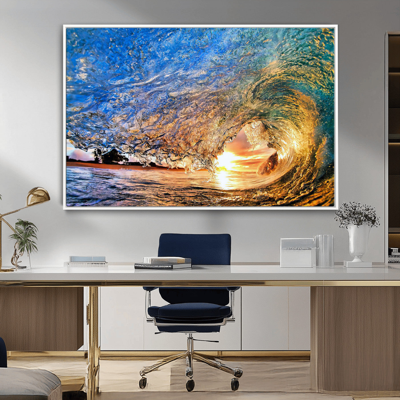 MGV-FC-36X24 - Ocean Wave at Sunset Canvas Wall Art – Vibrant Coastal Beach Waves Print, Large Nautical Decor,