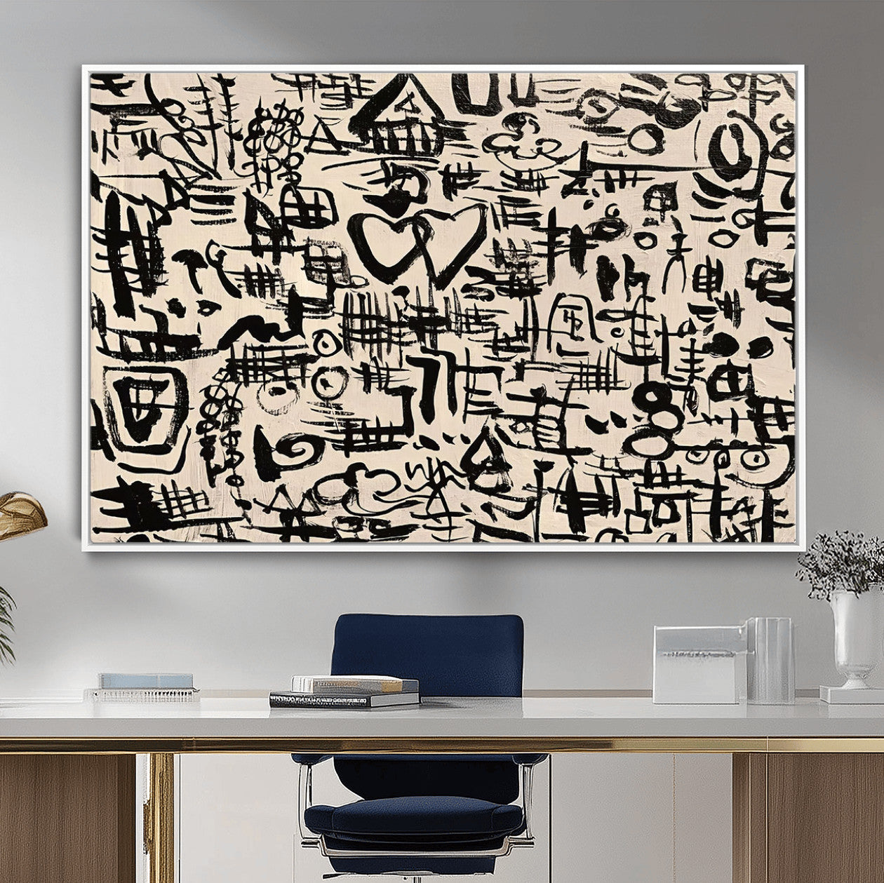 68273-MGV-FC-36X24 - Abstract Love and Chaos Canvas Print, Black Symbols on Beige