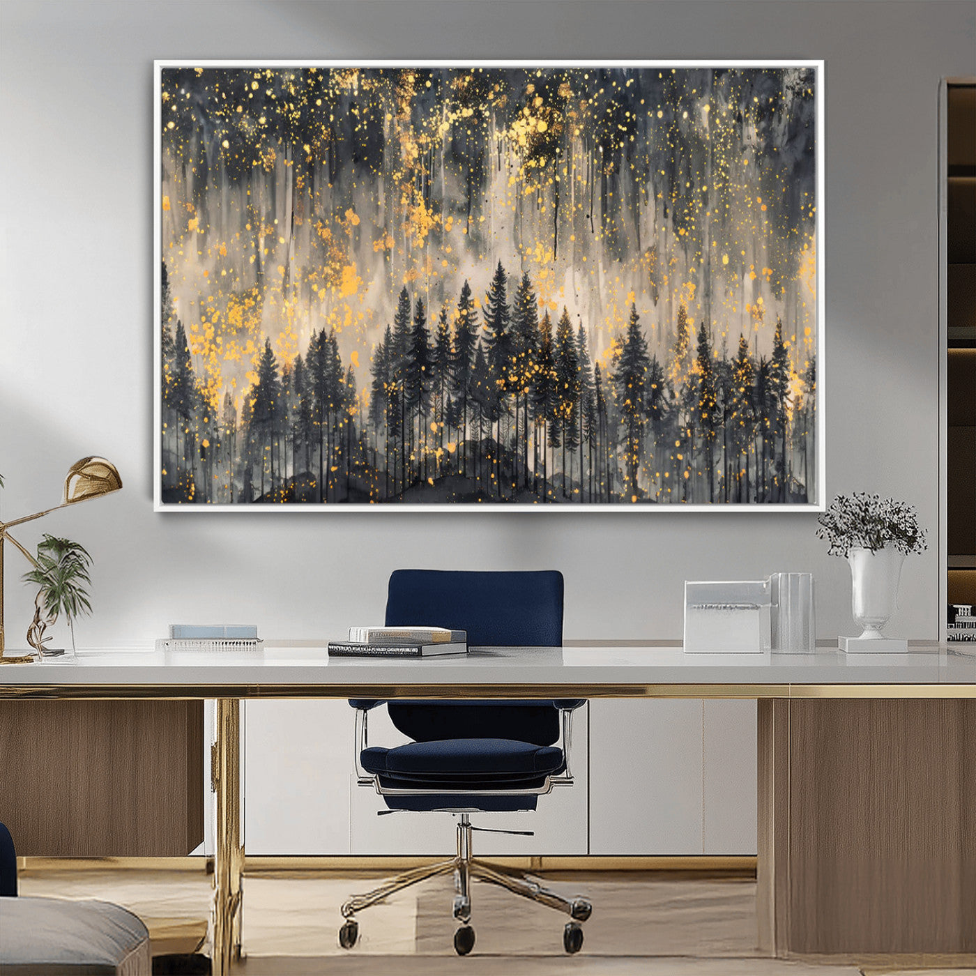 MGV-FC-36X24 - Golden Forest Abstract Wall Art | Dark Forest with Gold Splatter Accents | Triptych Ready to Hang