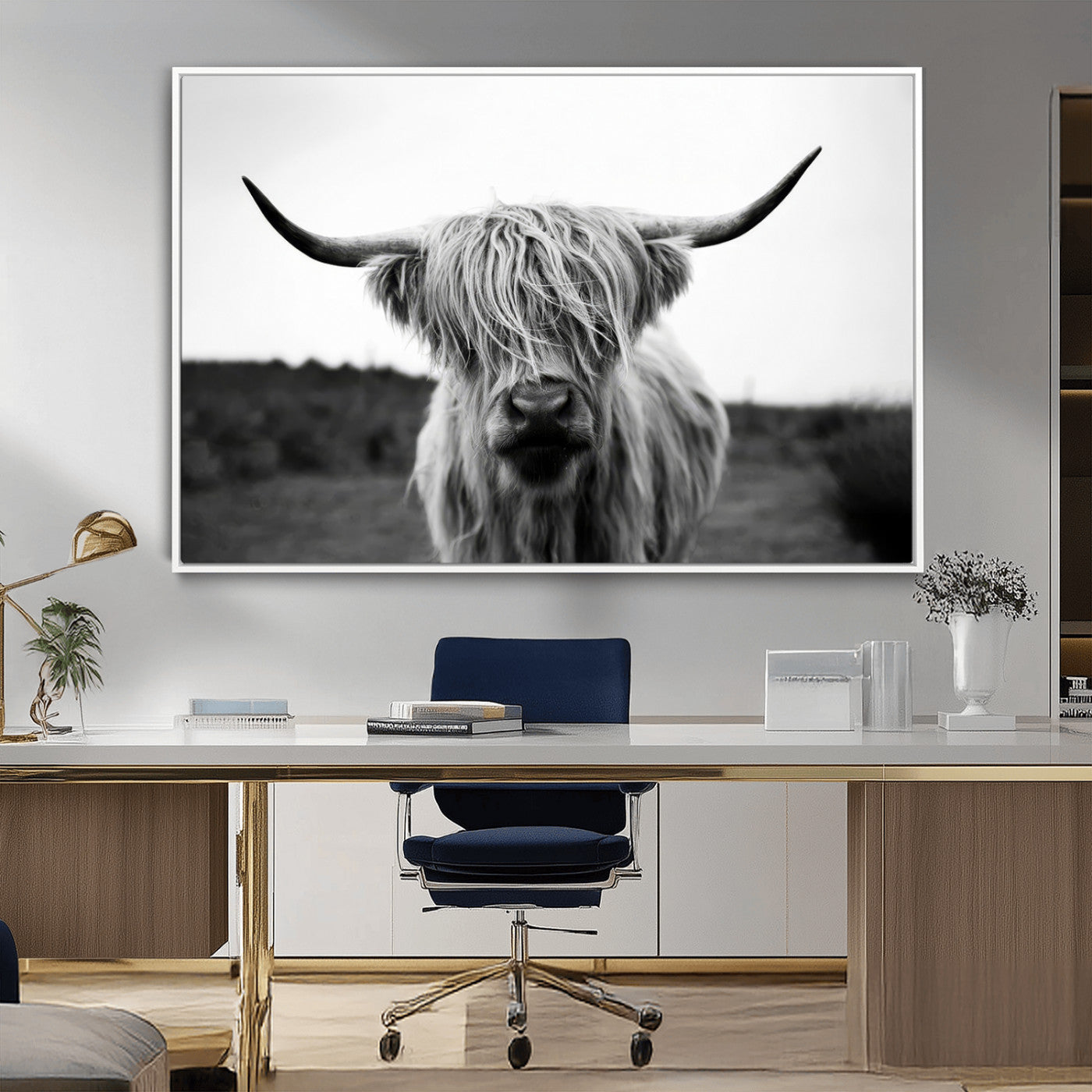 MGV-FC-36X24 - Highland Cow Wall Art | Black and White Farmhouse Decor | Triptych Canvas Print | Rustic Barn Decor