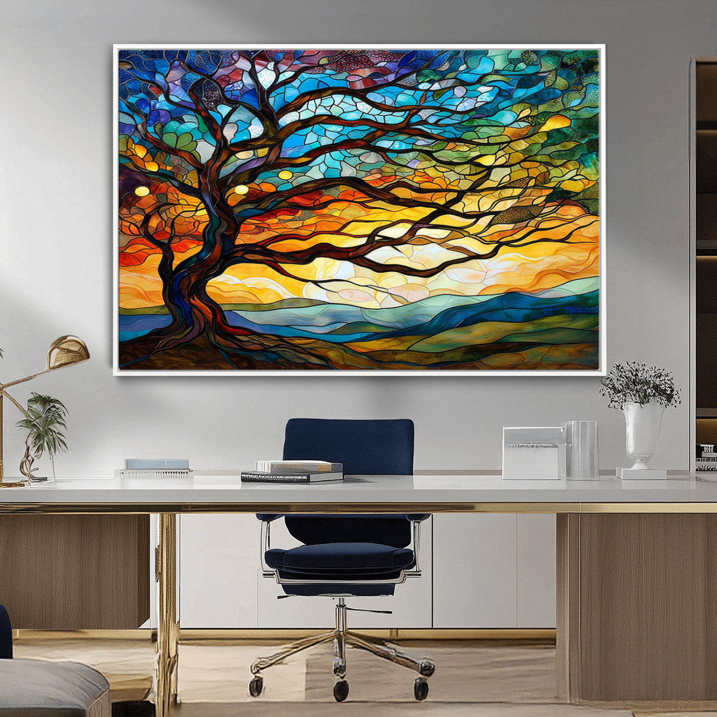 MGV-FC-36X24 - Mosaic Tree Wall Art | Ready to Hang Stained Glass Style Canvas Print | Farmhouse Wall Decor, Cabin