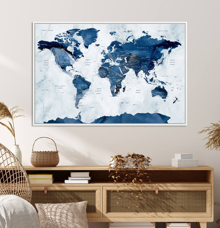 Navy Blue World Map with Antarctica Canvas: A perfect abstract home decor piece featuring a grunge-stained background.