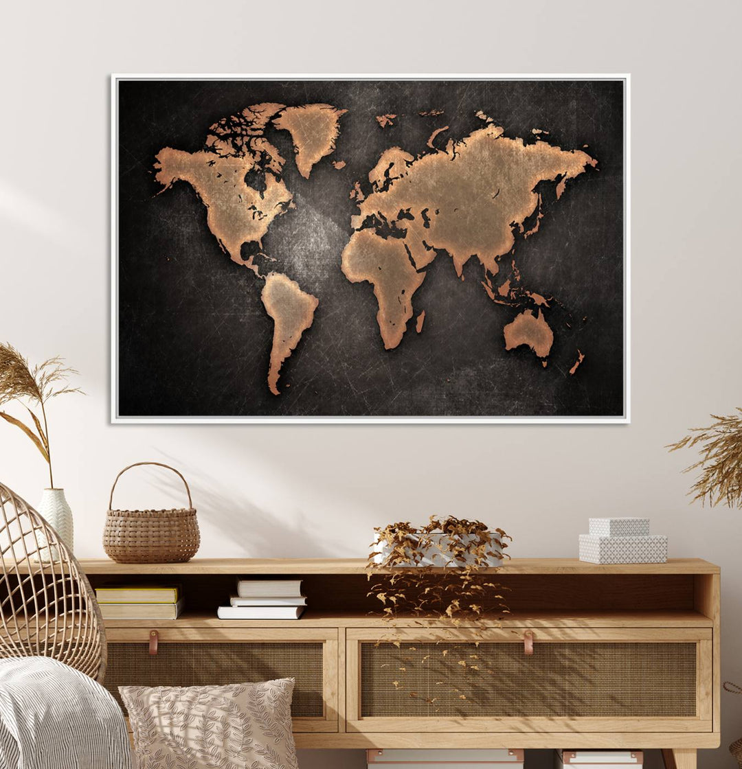 Maroon World Map Wall Art: Copper continents on a grunge-stained canvas, ideal for enhancing your decor.