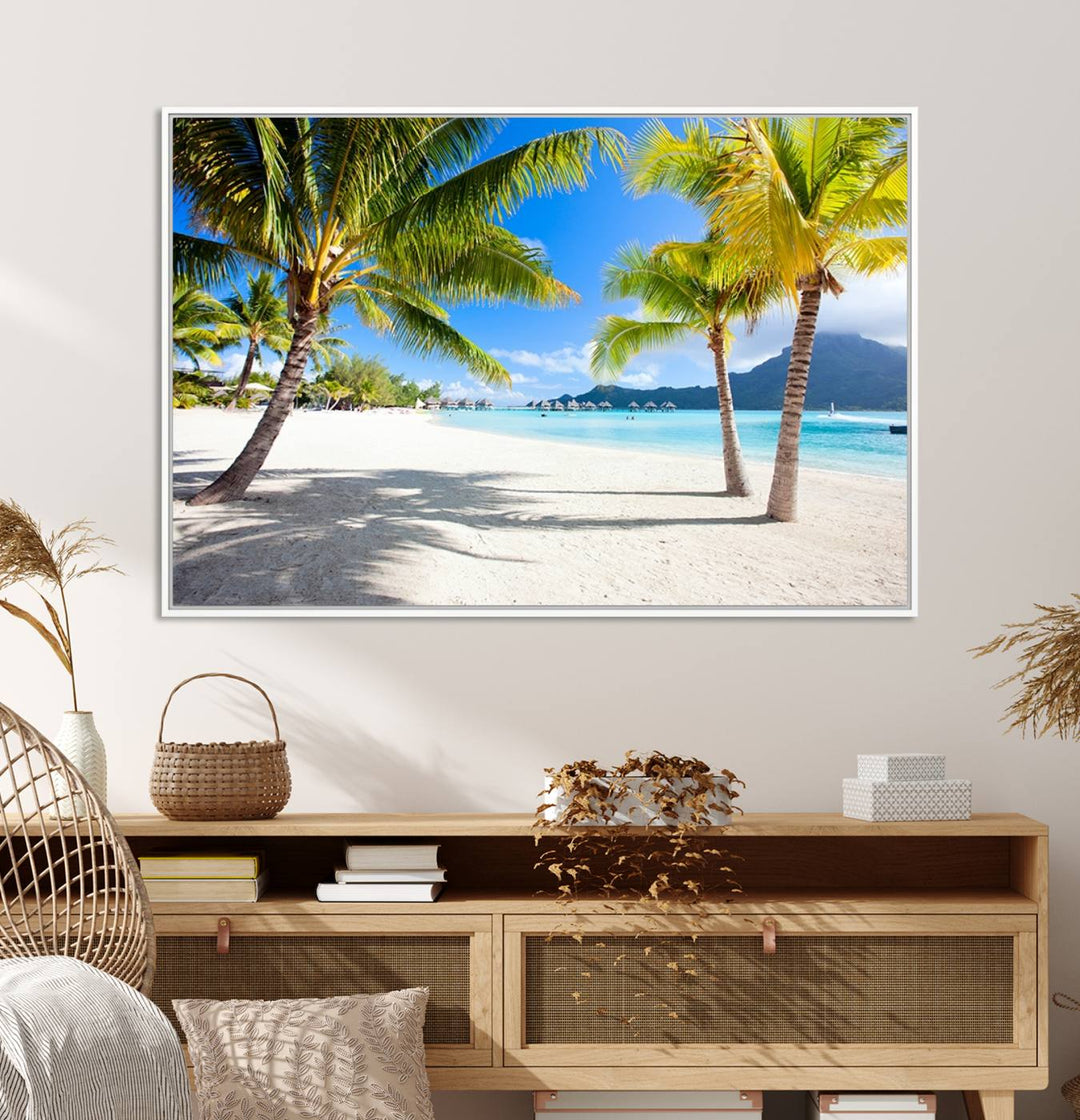 Blue Beach and Sea Wall Art Canvas Print: showcases a tropical scene with palm trees, white sand, and turquoise water.