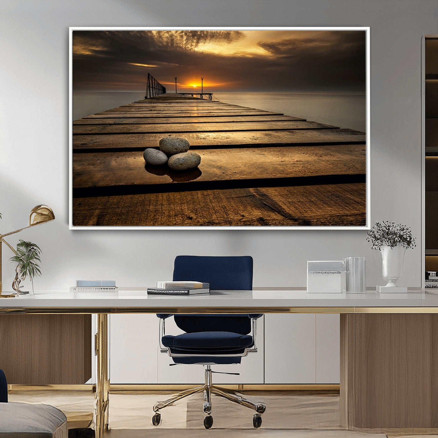 MGV-FC-36X24 - Stones on Wooden Pier at Sunset Canvas Print, Serene Coastal Wall Art, Beach Sunset Photography,