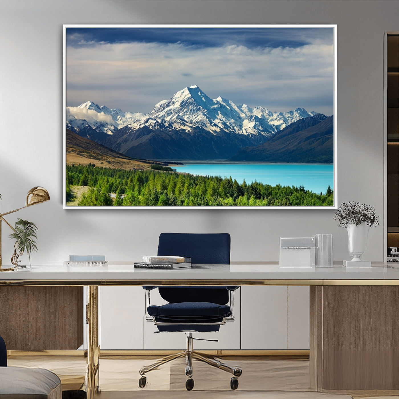 MGV-FC-36X24 - Mount Cook and Lake Pukaki Canvas Wall Art Print – Majestic Snow-Capped Peaks and Serene Lake Wall