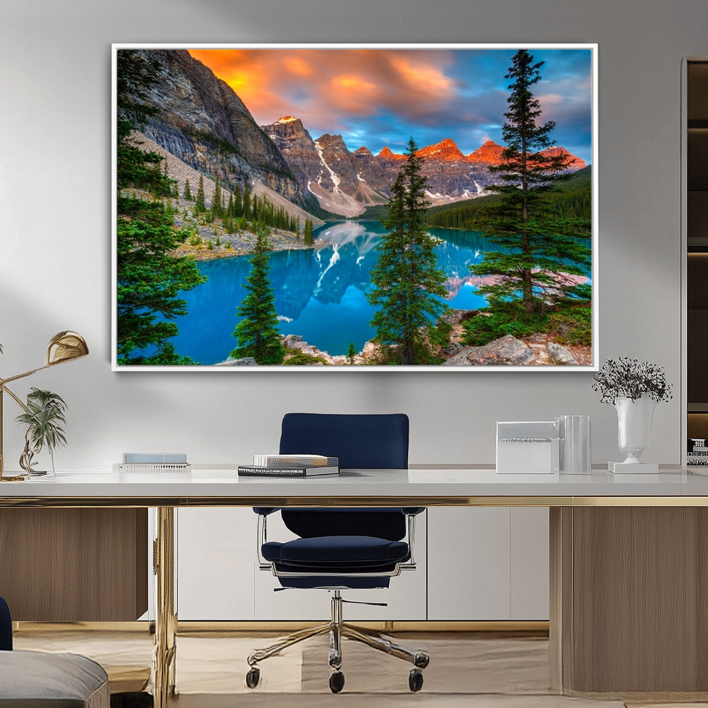 MGV-FC-36X24 - Canadian Rockies Moraine Lake Wall Art Canvas Print, Pine Trees Mountain Spring Canvas Print