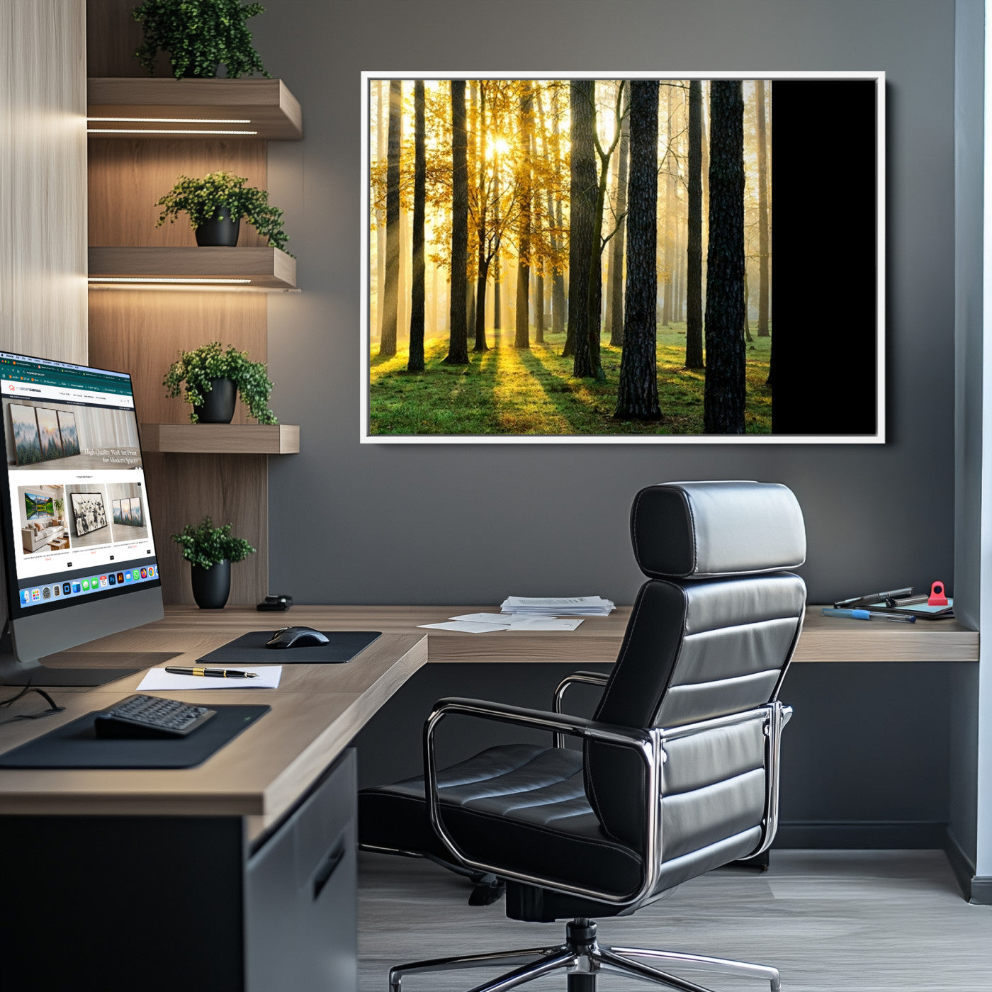 60024-MGV-CV-36X24-Sunlit Forest Wall Art Canvas Print - Large Framed Woodland Wall Art for Home or Office Decor, Rustic Nature Scene with Golden Light