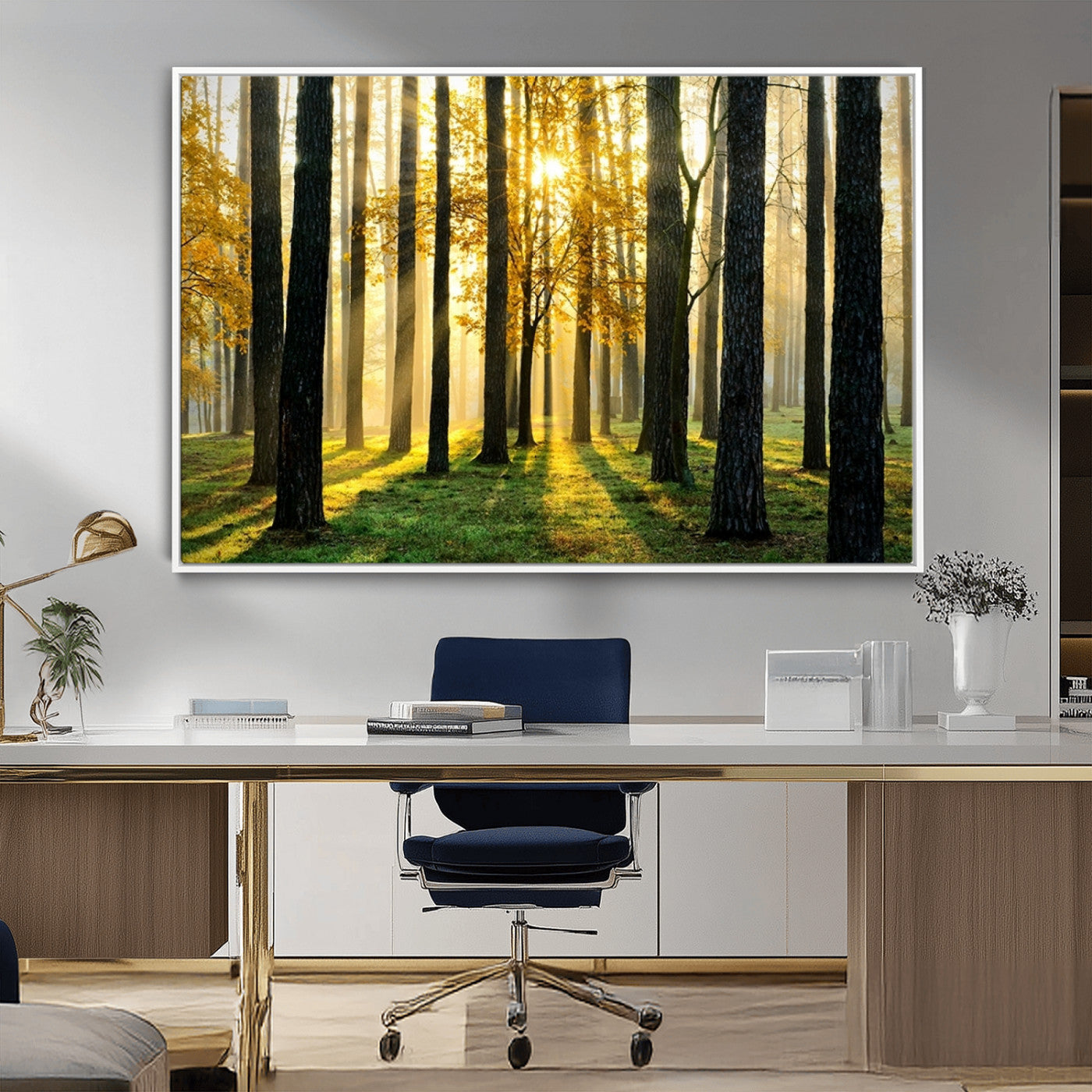 MGV-FC-36X24 - Sunlit Forest Canvas Wall Art – Serene Woodland Triptych Landscape Print – Nature-Inspired Decor for