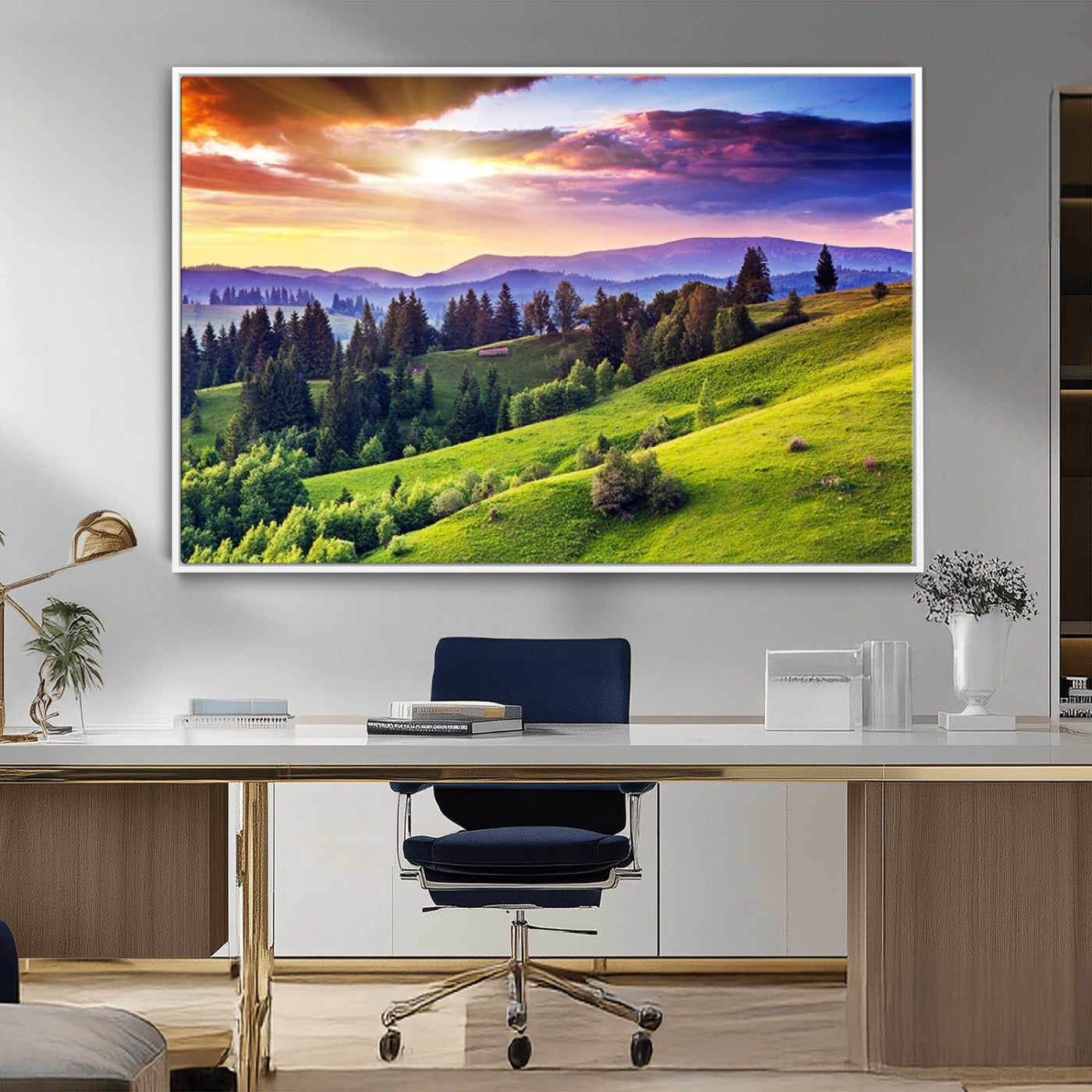 MGV-FC-36X24 - Green Hills and Sunset Wall Art Print - Scenic Landscape with Lush Greenery and Vibrant Sky, Ready