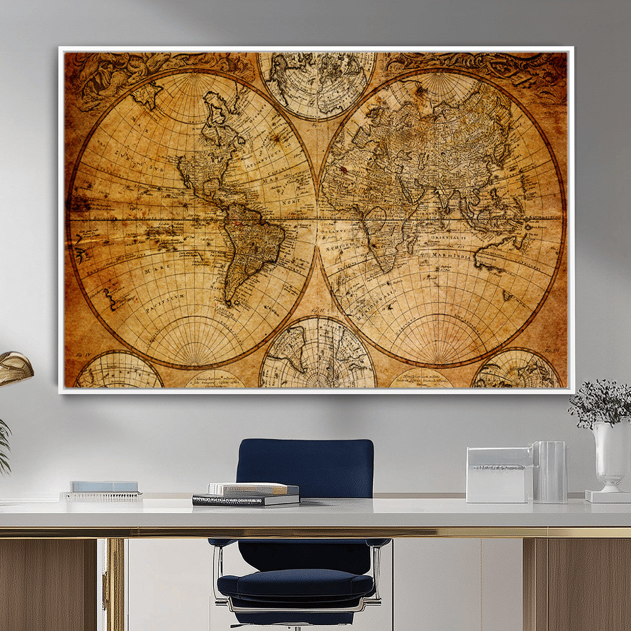 25517-MGV-FC-36X24 - Vintage World Map Canvas Print – Antique Push Pin Travel Map, Framed Wall Art for Home or Office Decor