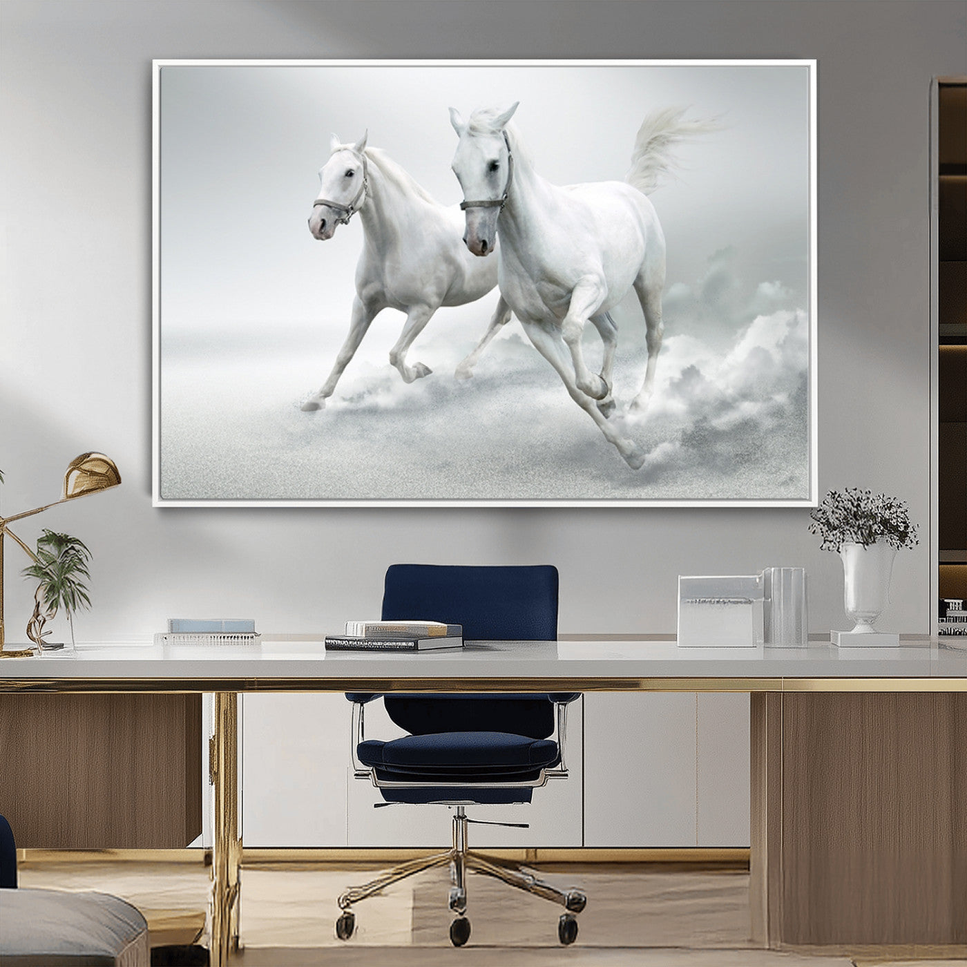 MGV-FC-36X24 - Large Wall Art Animal Canvas Print - Beautiful Running White Horses