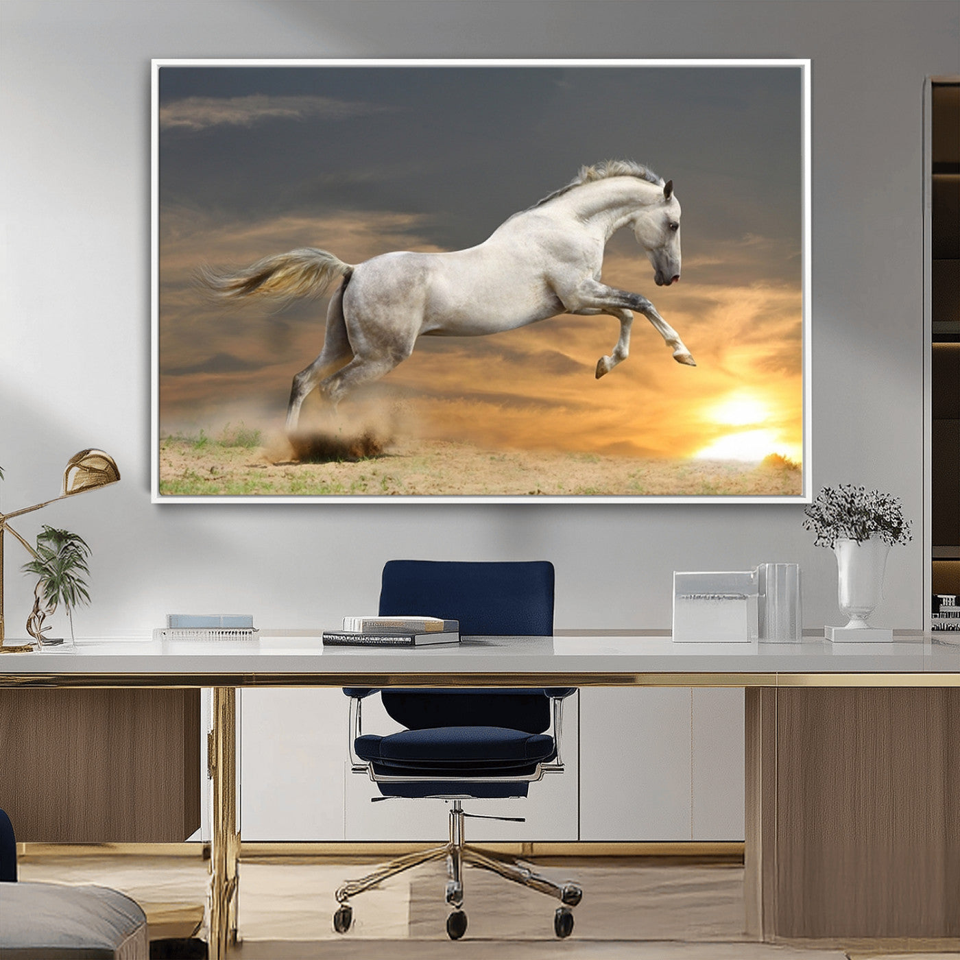 MGV-FC-36X24 - Large Wall Art Animal Canvas Print - White Jumping Horse at Sunset