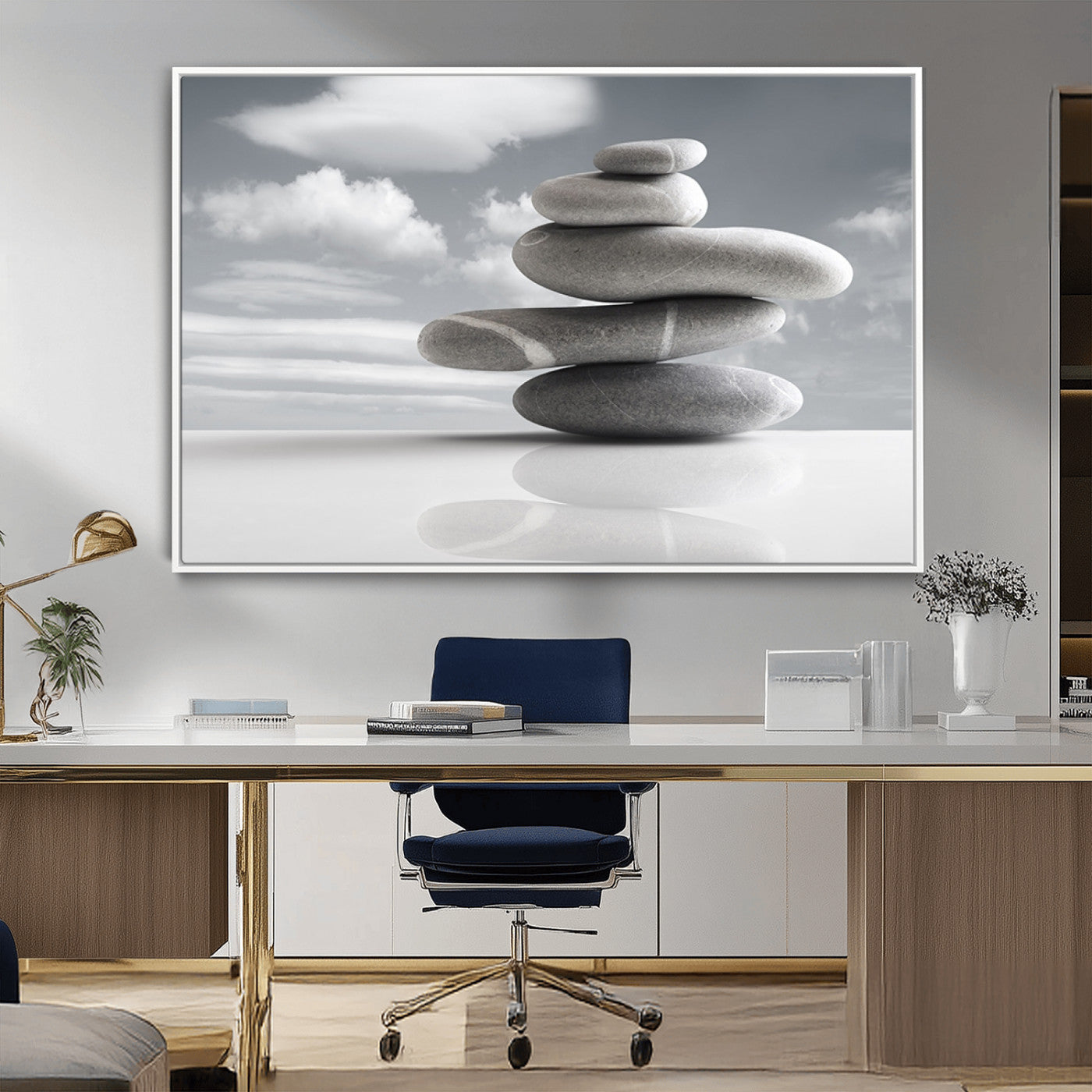 MGV-FC-36X24 - Still Life Black and White Zen Stones Wall Art Canvas, Framed Black and White Zen Stones Canvas