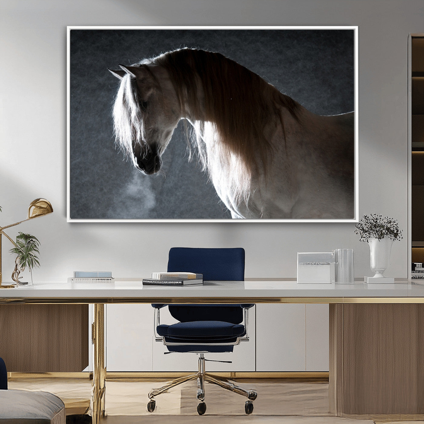 MGV-FC-36X24 - Large Wall Art Cream Colored Horse on Grey Background Canvas Print