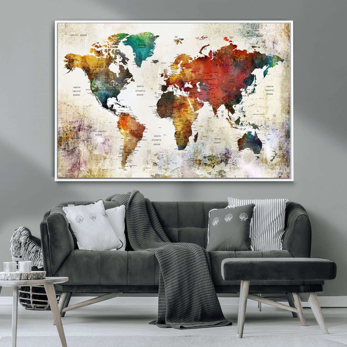 -Push Pin World Map Canvas Print – Framed Wall Art for Couples to Track Their Travels – Anniversary