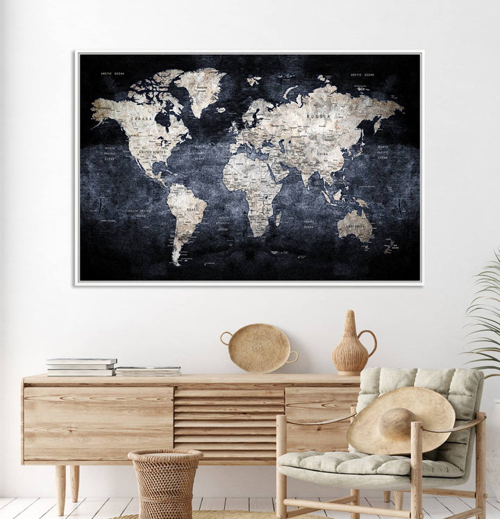 Rustic Black and Bronze World Map Canvas Triptych features white continents on a grunge-stained background.