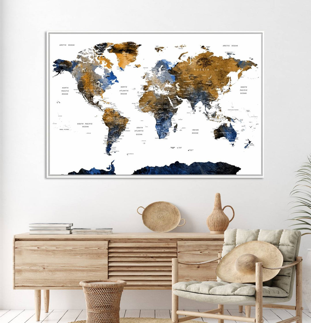 The Watercolor World Map Canvas showcases a grunge-stained background in gold, gray, and blue hues.