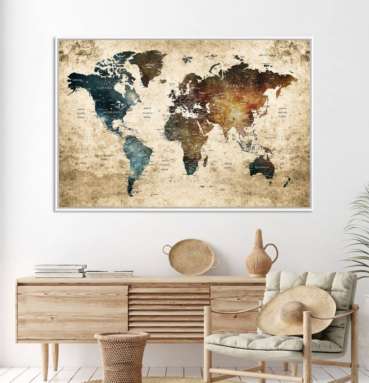 Grunge World Map Canvas featuring earth-toned continents, suitable for study, office, or living room.