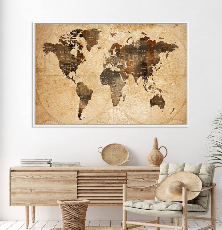 Vintage World Map Wall Art | 3 Panel Large Canvas Art | Antique World Map Canvas Print | Rustic Map Wall Art, Framed Gallery Wrapped