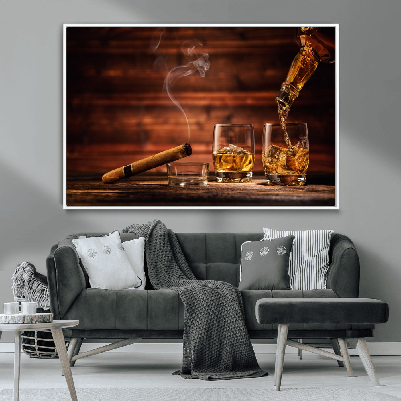 MGV-FC-36X24 - Whiskey and Cigar Wall Art Canvas | 3 Panel Bar Room Decor for Home Lounge, Office, or Man Cave |