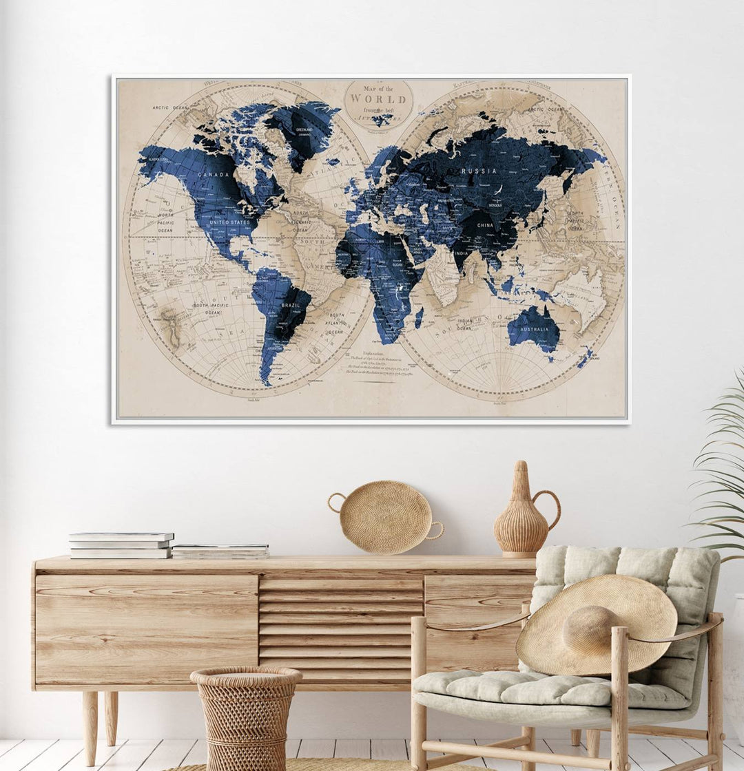 Vintage Triptych Map Print - Antique World Map Canvas Wall Art – Vintage Triptych Blue and Beige Map Print