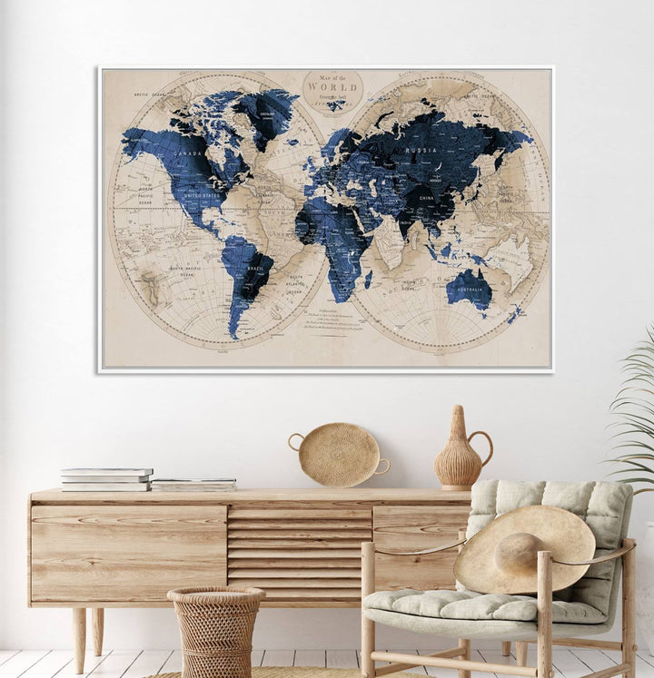 Vintage Triptych Map Print - Antique World Map Canvas Wall Art – Vintage Triptych Blue and Beige Map Print