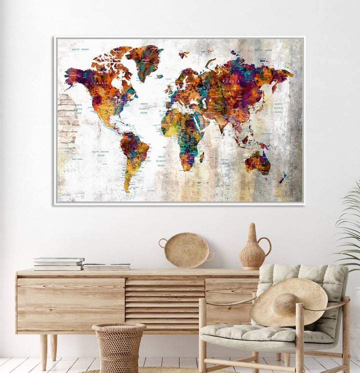 A vibrant Grunge Map Canvas Wall Art Set (3 Panels) for home or office decor, perfect for travel enthusiasts.