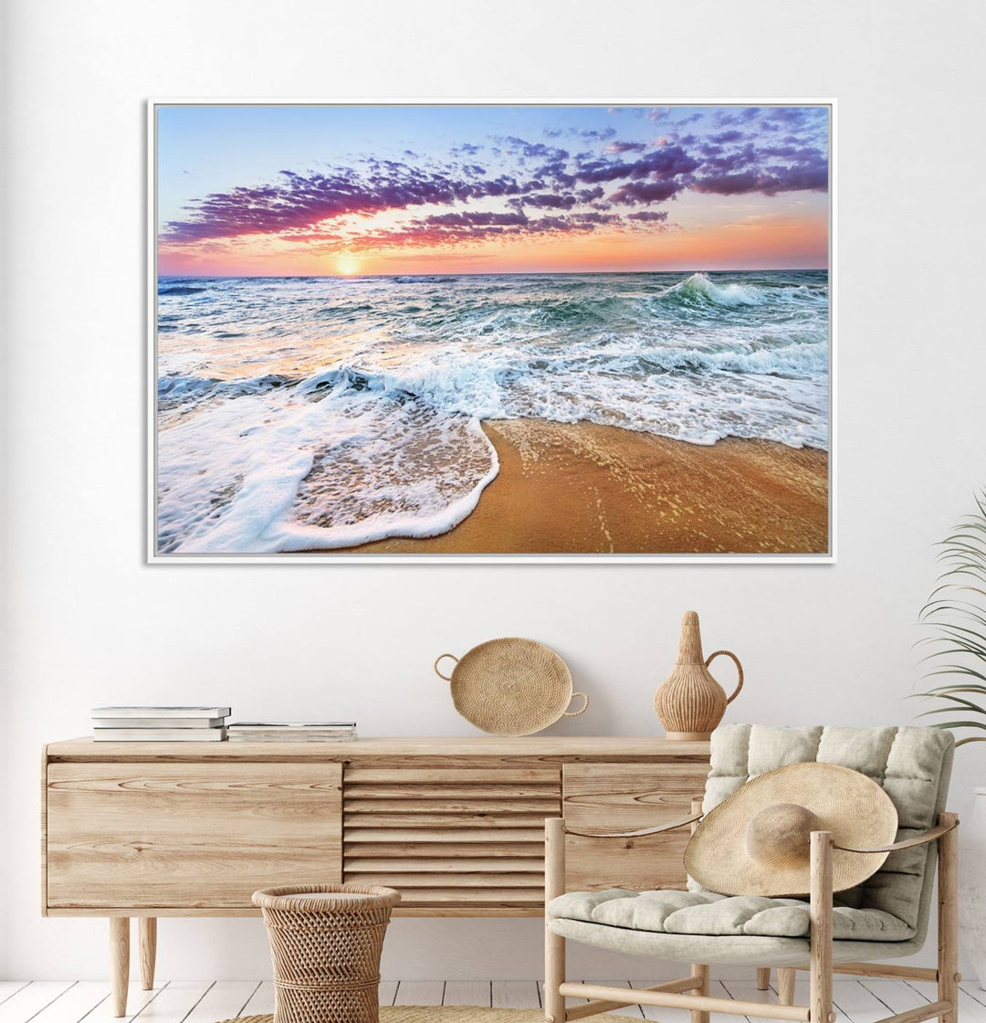 The Coastal Sunset Art Canvas Print features ocean waves beneath a vibrant sky in a stunning 3-panel seascape.