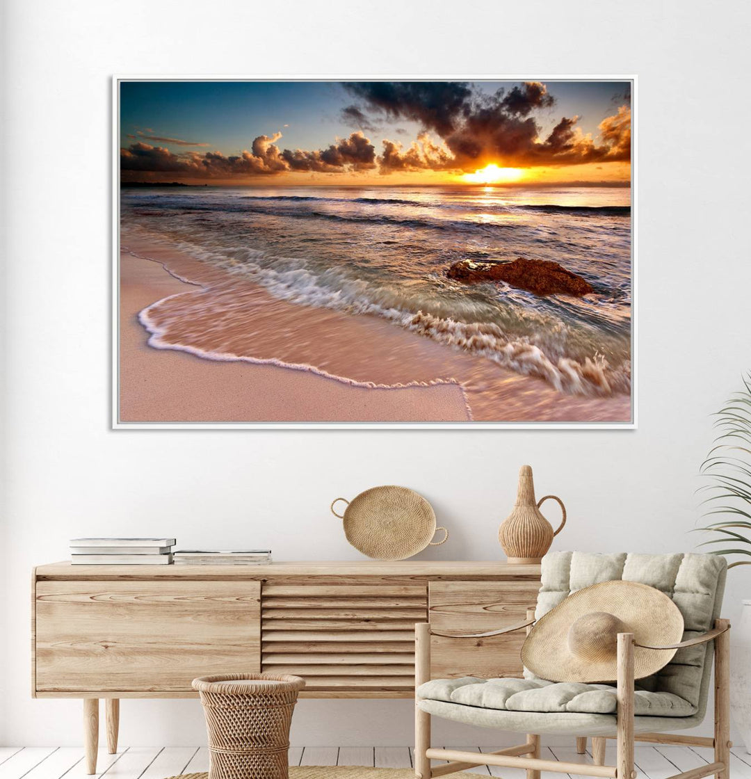 The Sunset on Ocean Wall Art Canvas Print beautifully captures a beach sunset, gentle waves, and a peaceful atmosphere.