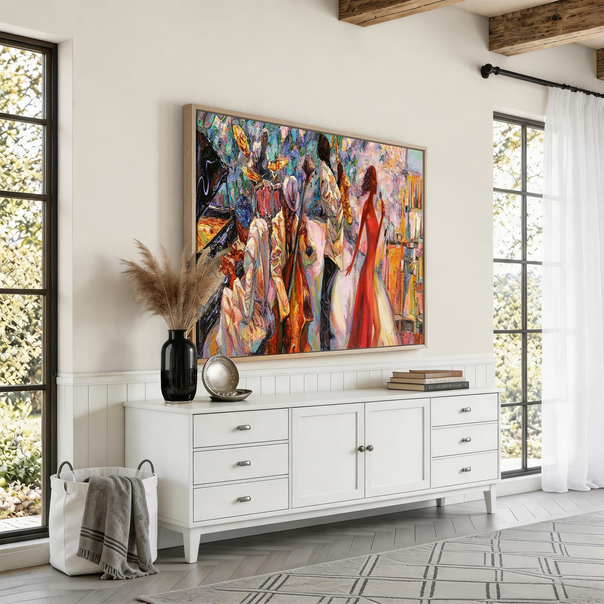 40574-_Poster-30x20 - Afro American Jazz Band Canvas Wall Art | 3 Panel Music Studio Decor