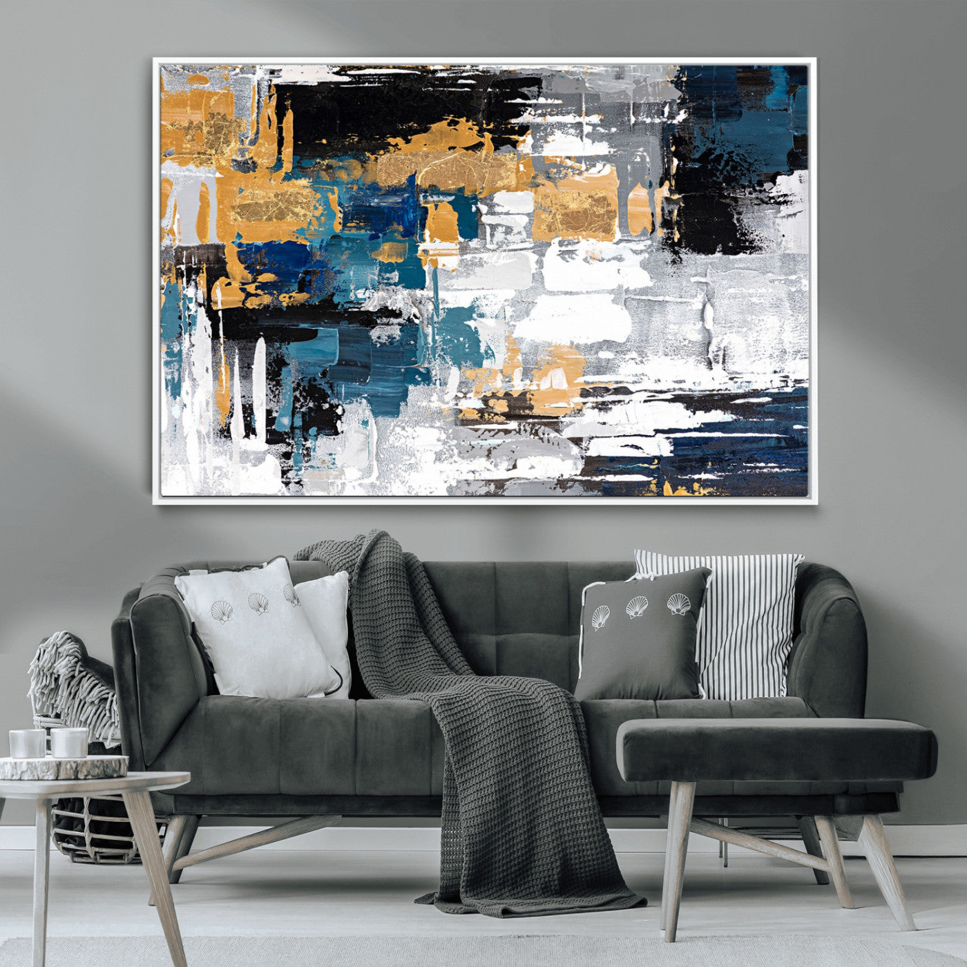 57708-MGV-CV-36X24-Blue and Gold Abstract Canvas Wall Art – Triptych Modern Painting for Living Room – Framed and Ready to Hang