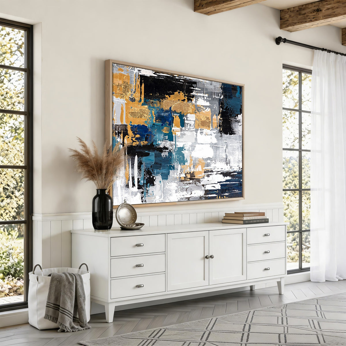57708-_Poster-30x20 - Blue and Gold Abstract Canvas Wall Art | Triptych Modern Art Print