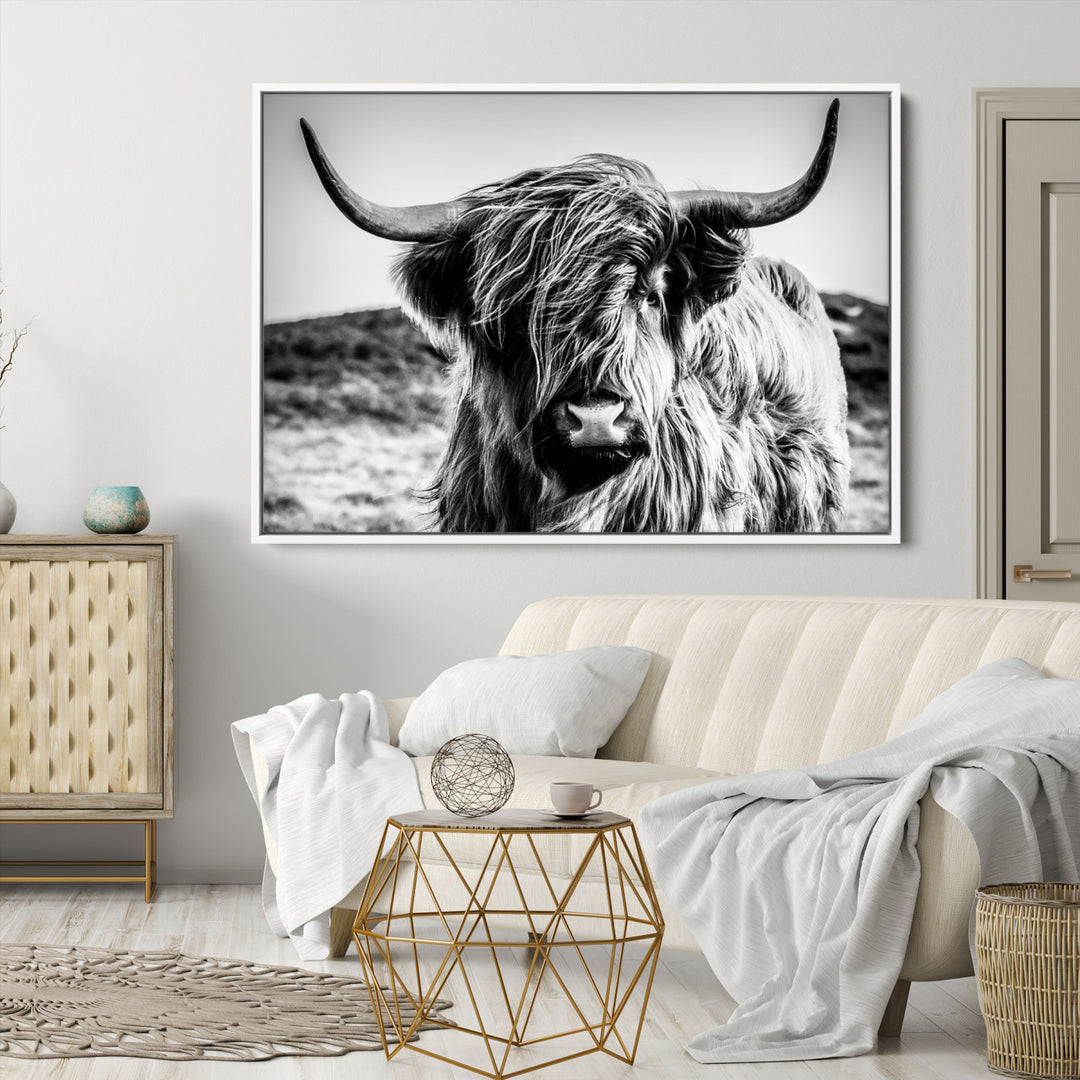 Highland Cow Wall Art | 3-Panel Black and White Highland Cow Canvas Print for Western Farmhouse Decor