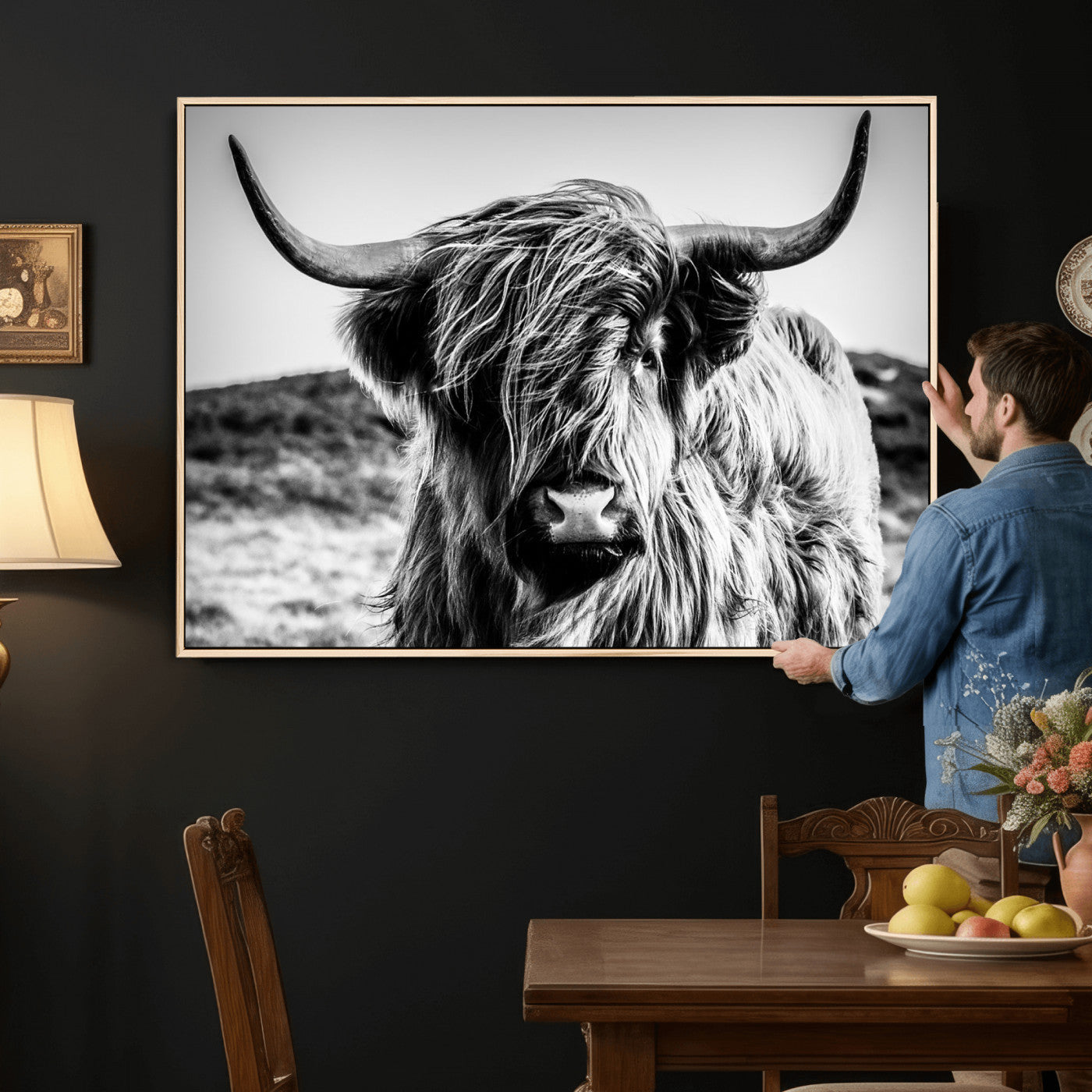 36979-MGV-CV-36X24 - Handsome Scottish Cow Black and White Wall Decor Canvas Art Print Extra Large Wall Art Highland Cattle Canvas Picture Animal Art Nature Photography High Quality Original Canvas Framed Ready to Hang