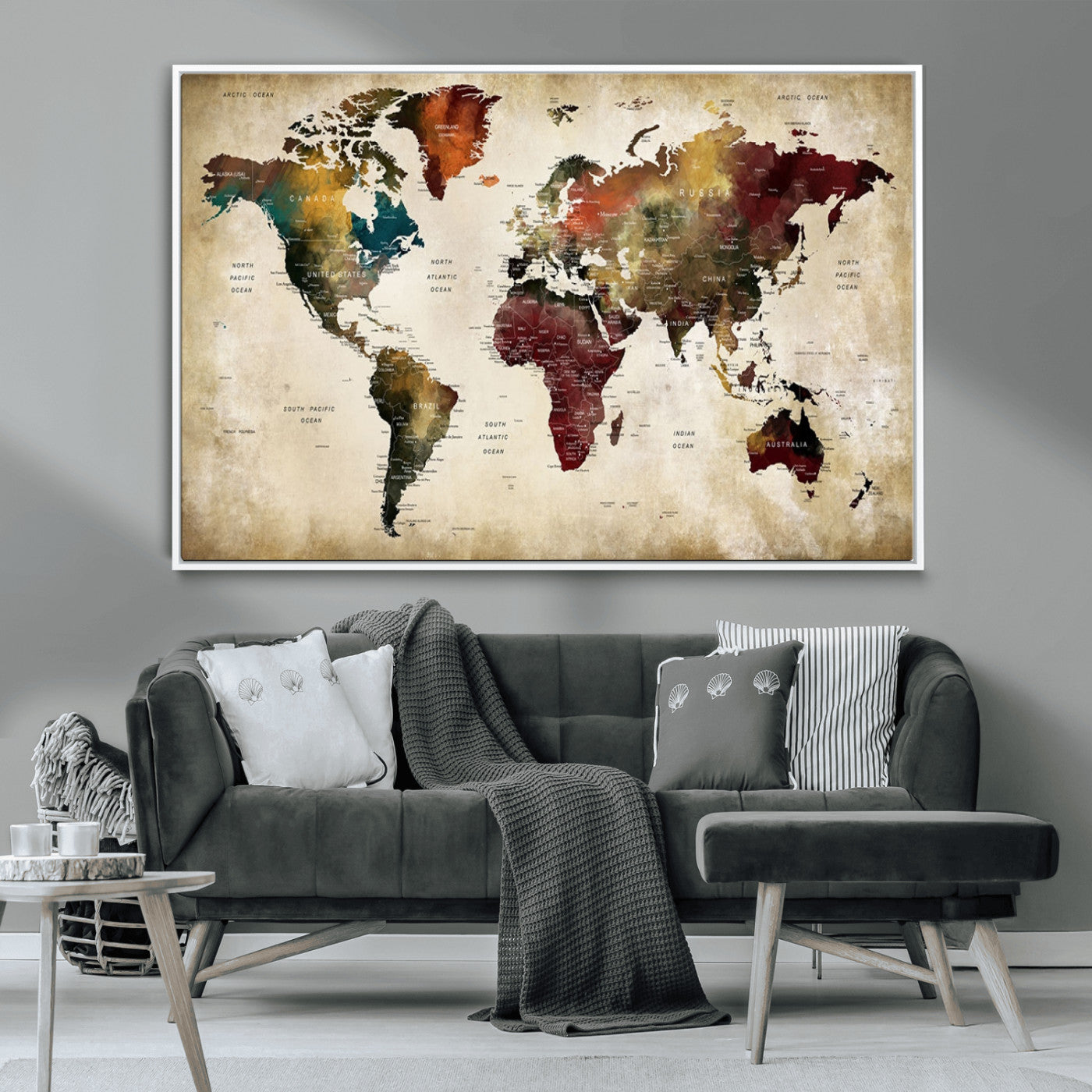 MGV-FC-36X24 - Large World Map Wall Art Canvas Print, Framed Push Pin Map Art Picture Print, Abstract Traveller Map Perfect Modern Decor Artwork