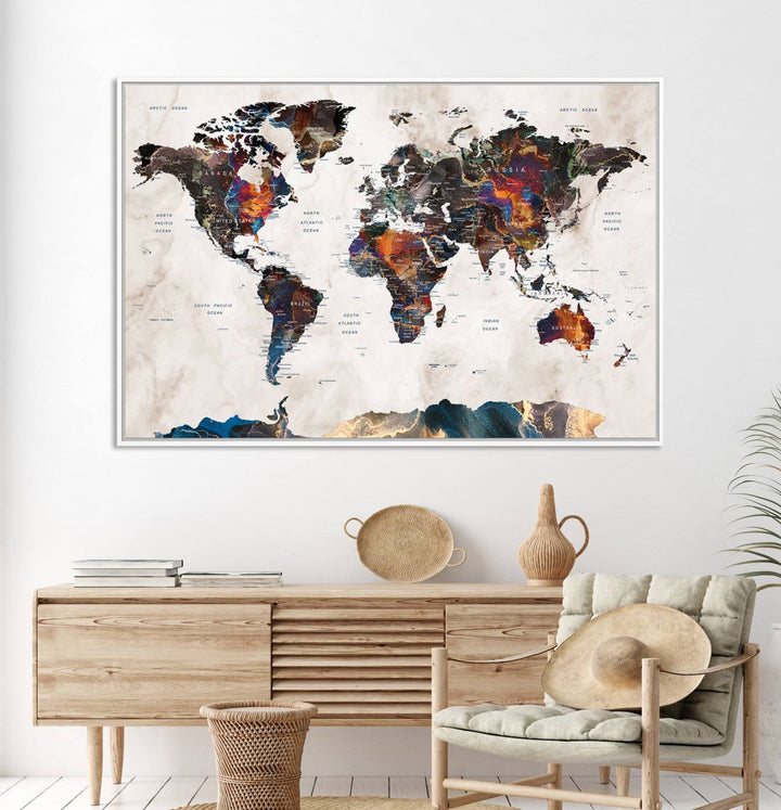 Watercolor World Map Canvas Print in earthy hues with a grunge background, ideal for wall decor.