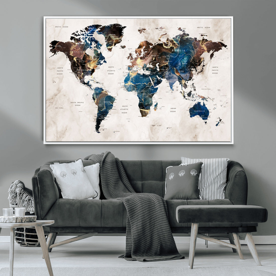 Abstract Earth Tone Blue World Map Canvas Print | Framed Travel Map Wall Art