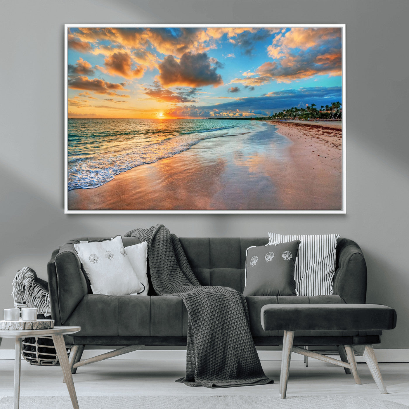 MGV-FC-36X24 - Sunset Ocean Waves on Tropical Beach, 3-Panel Giclee Canvas Art for Coastal Home Decor, Vibrant Palm-Lined Shore