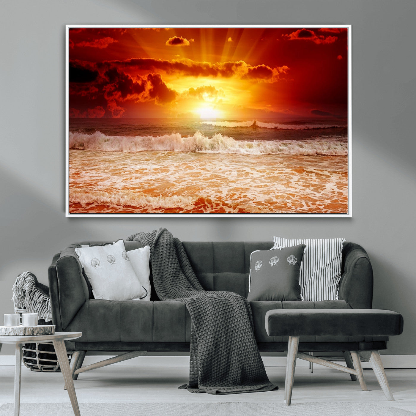 MGV-FC-36X24 - Red Sunset Ocean Beach Canvas Wall Art Beach Canvas, Coastal Sunset Print