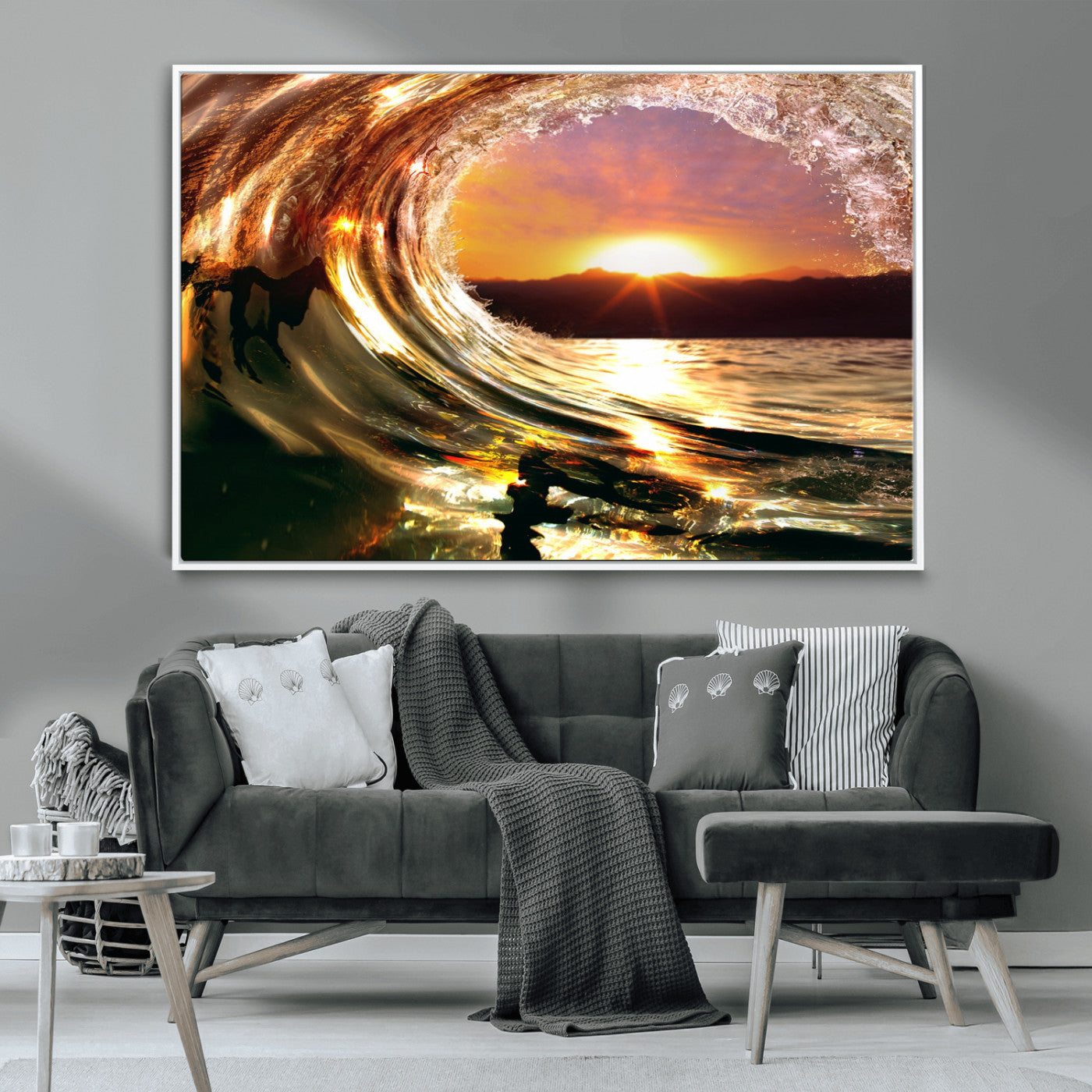 MGV-FC-36X24 - Golden Wave Sunset Triptych Canvas Art, Giclee Canvas Print of Ocean Wave and Sunset, Framed Ocean